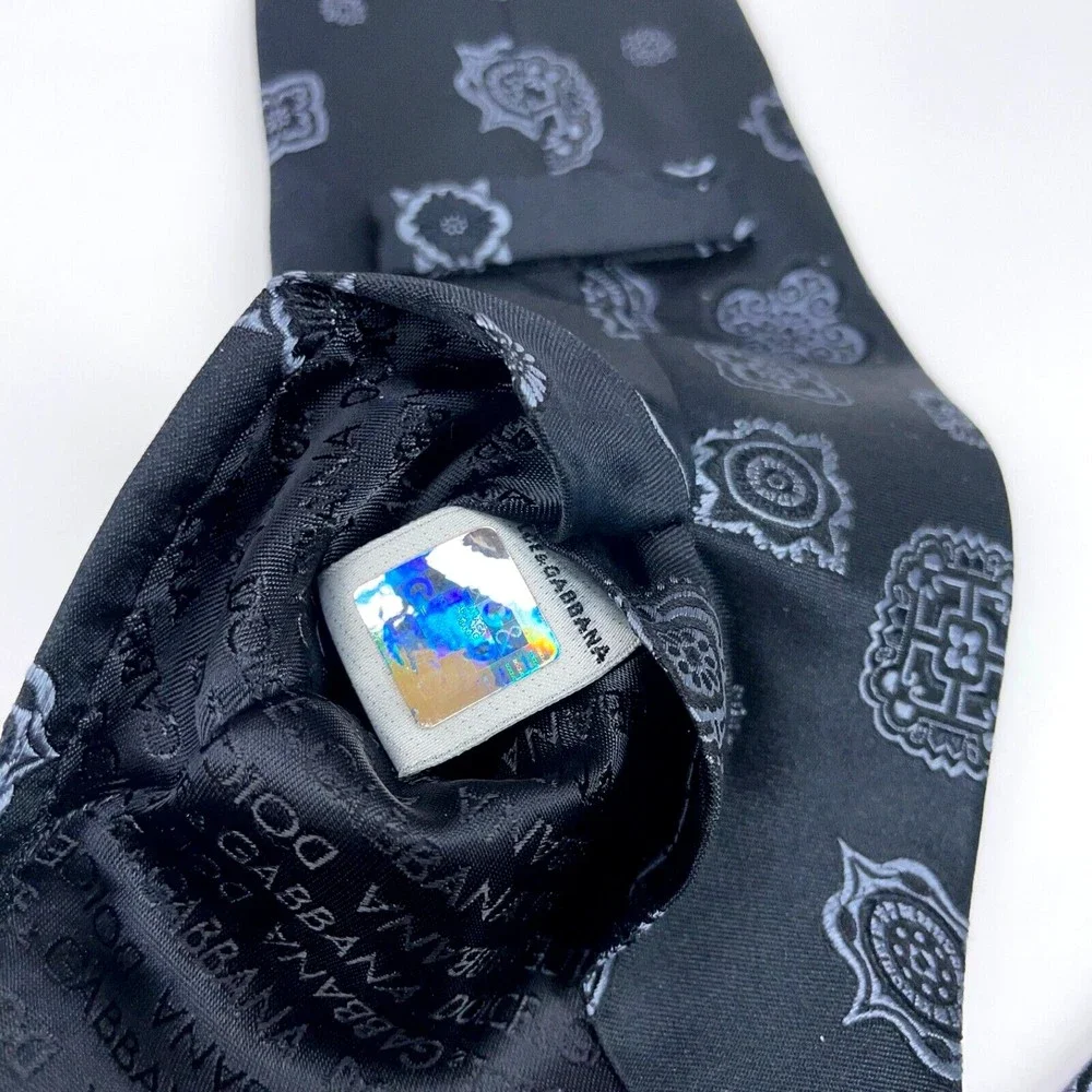 DOLCE & GABBANA Black Gray Embroidered Design 100% Silk Necktie Made in Italy